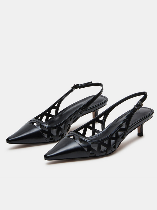 Black Patent Pointed-Toe Slingback Hallow Out Pump Kitten Heels