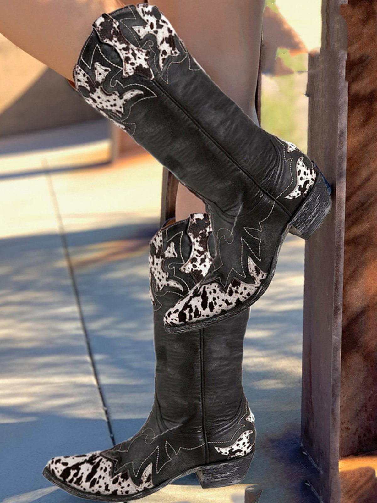 Distressed Black Snip-Toe Faux Cowhide Pony Hair Applique Wide Mid Calf Cowgirl Boots