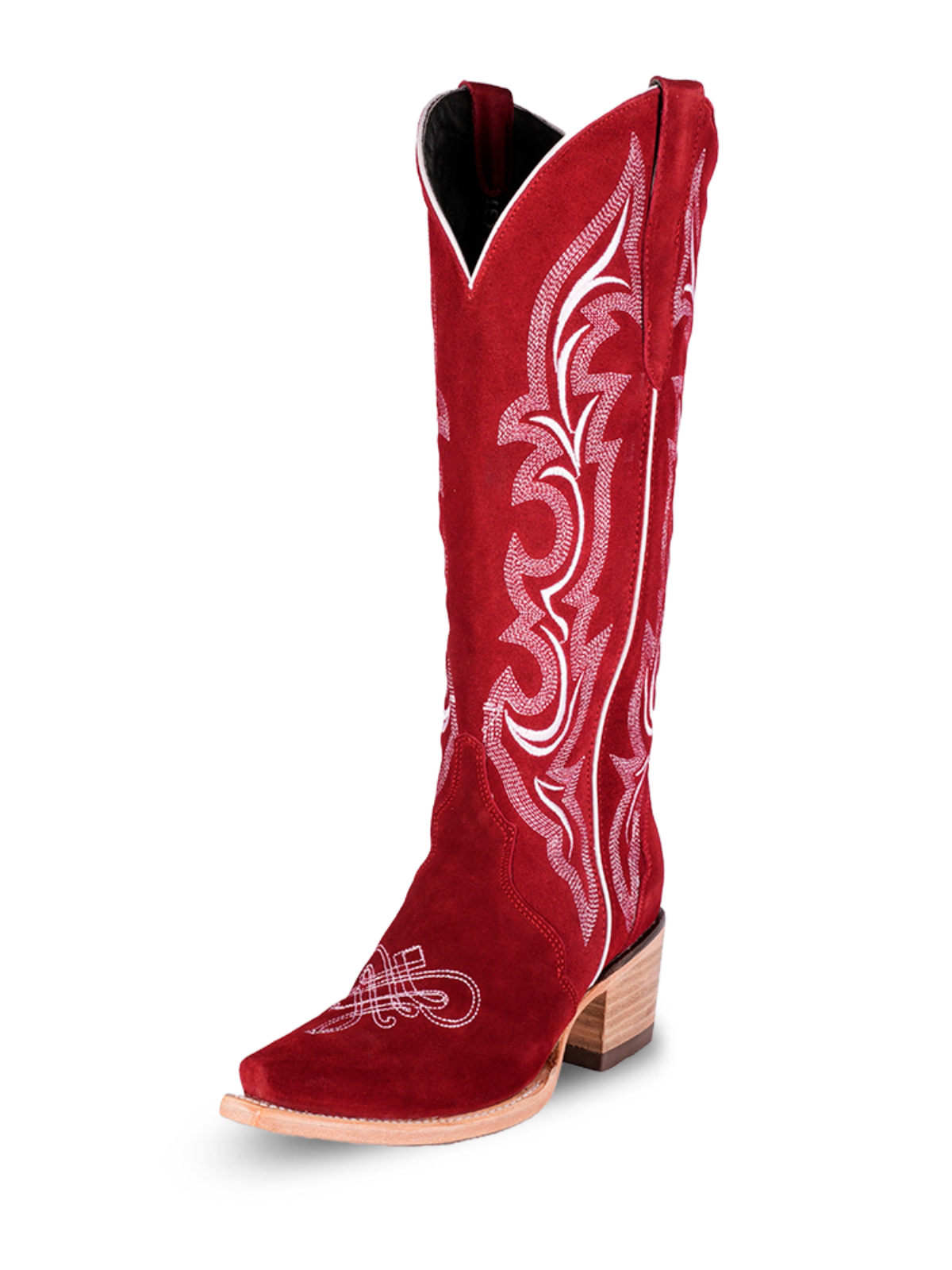 Red Faux Suede Snip-Toe Classic Embroidery Wide Mid Calf Tall Western Boots