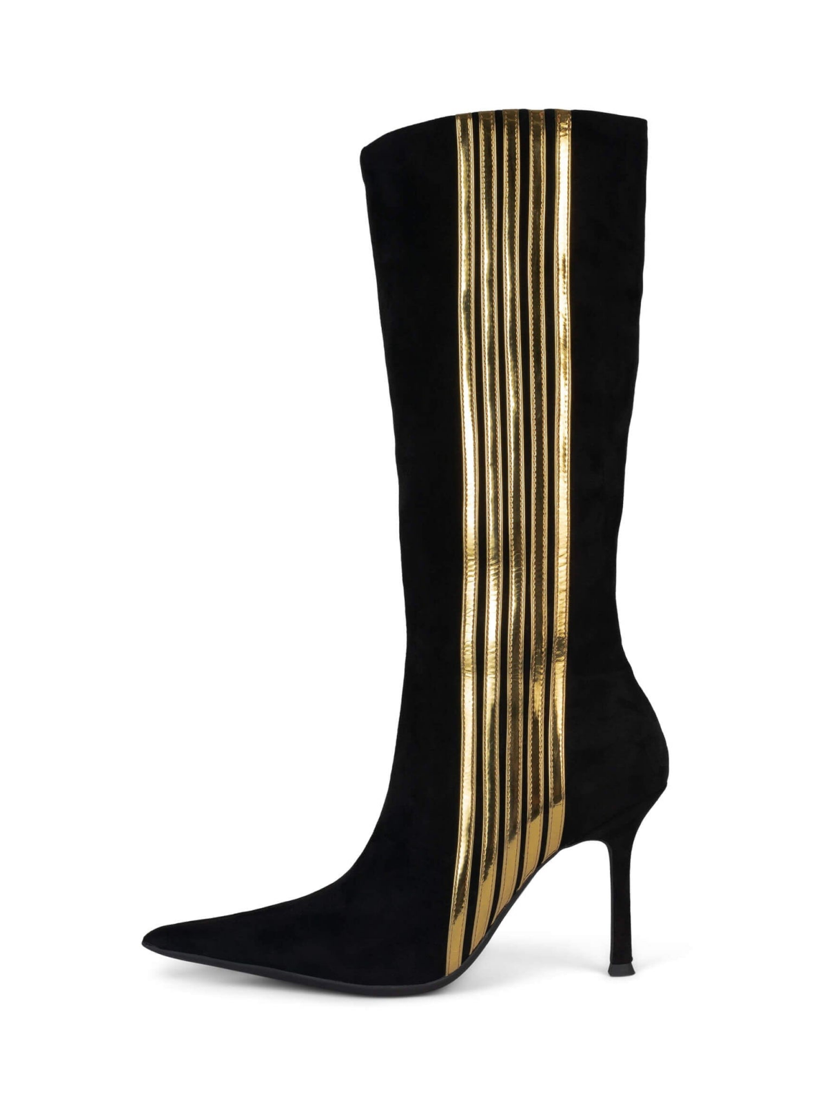 Black Pointed-Toe Mid Calf Full-Zip Stiletto Boots With Metallic Contrasting Stripe