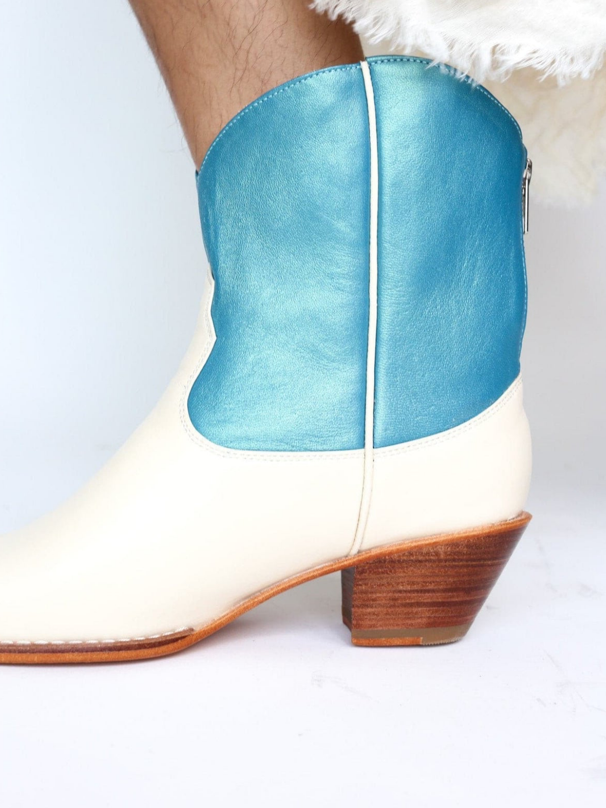 Contrast Cream And Metallic Blue Almond-Toe Back-Zip Mid Calf Cowgirl Boots