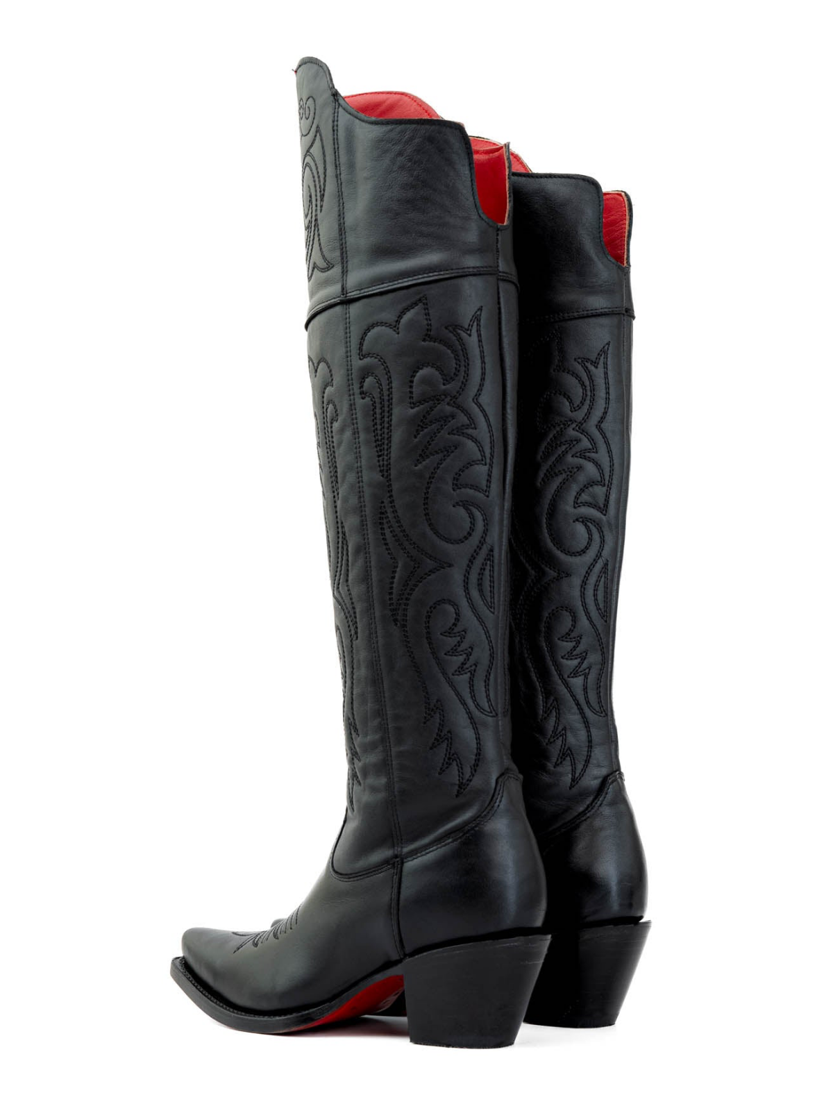 Black Snip-Toe Half-Zip Embroidery Tall Knee High Cowgirl Boots