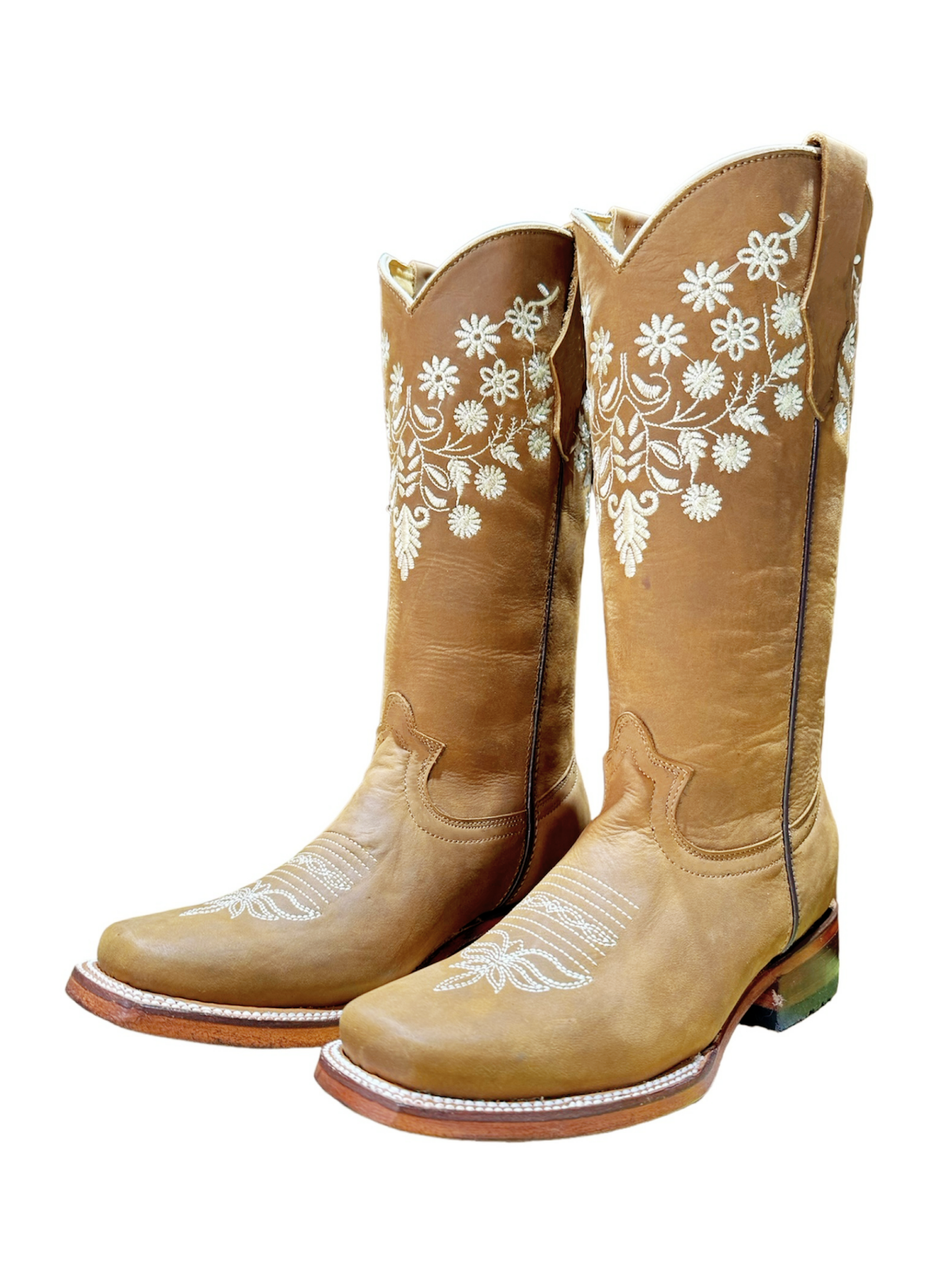 Tan Square-Toe Floral Embroidery Wide Mid Calf Cowgirl Boots