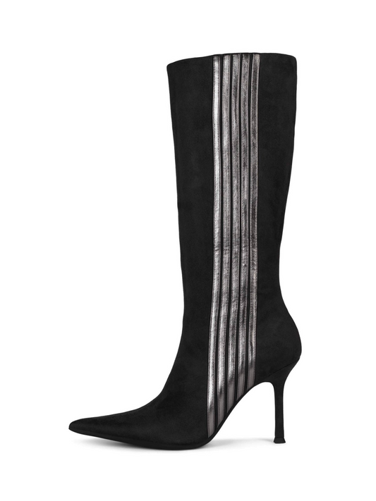 Dark Gray Pointed-Toe Mid Calf Full-Zip Stiletto Boots With Metallic Contrasting Stripe