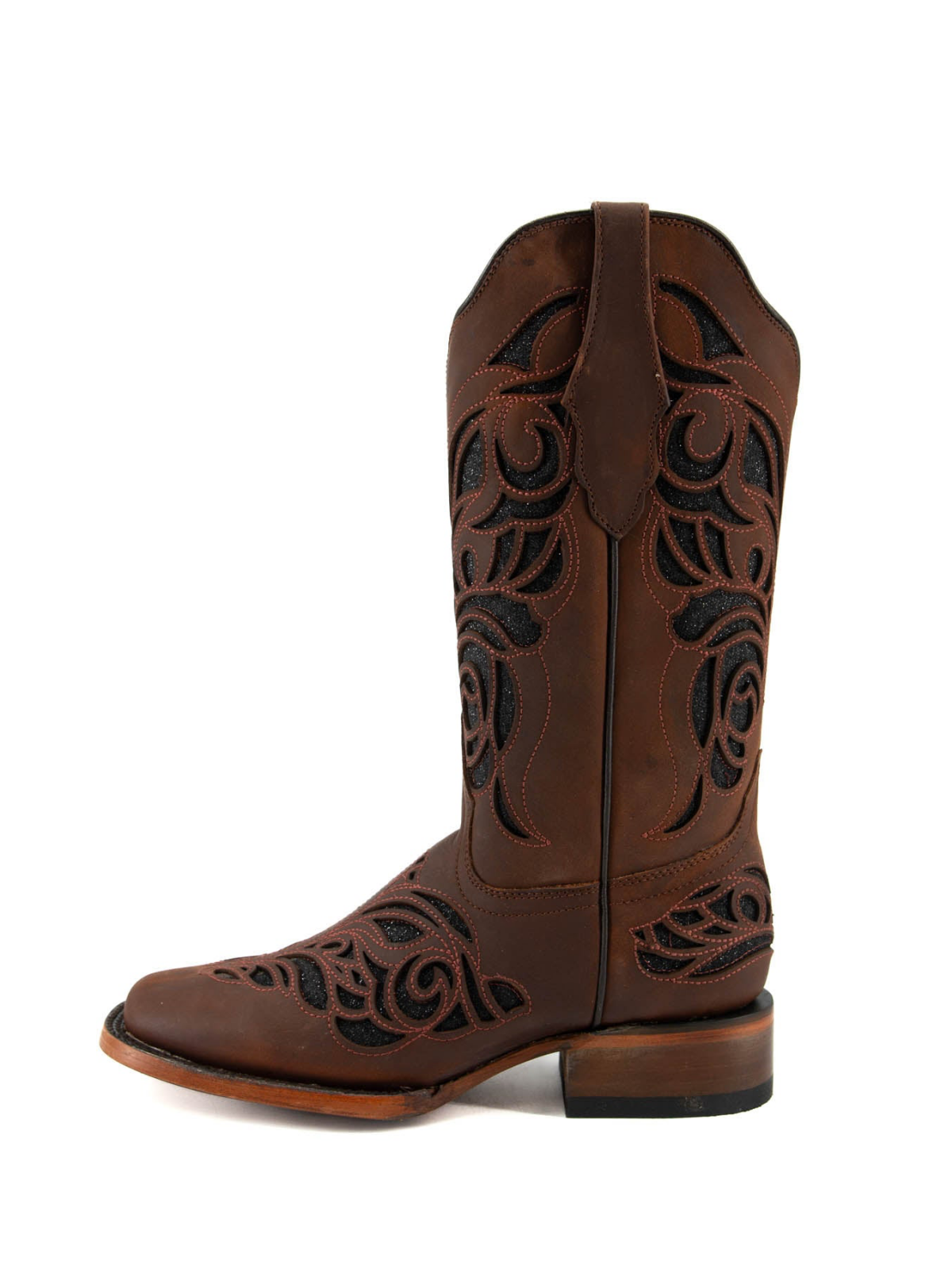 Dark Brown Square-Toe Inlay Giltter Wide Mid Calf Cowgirl Boots