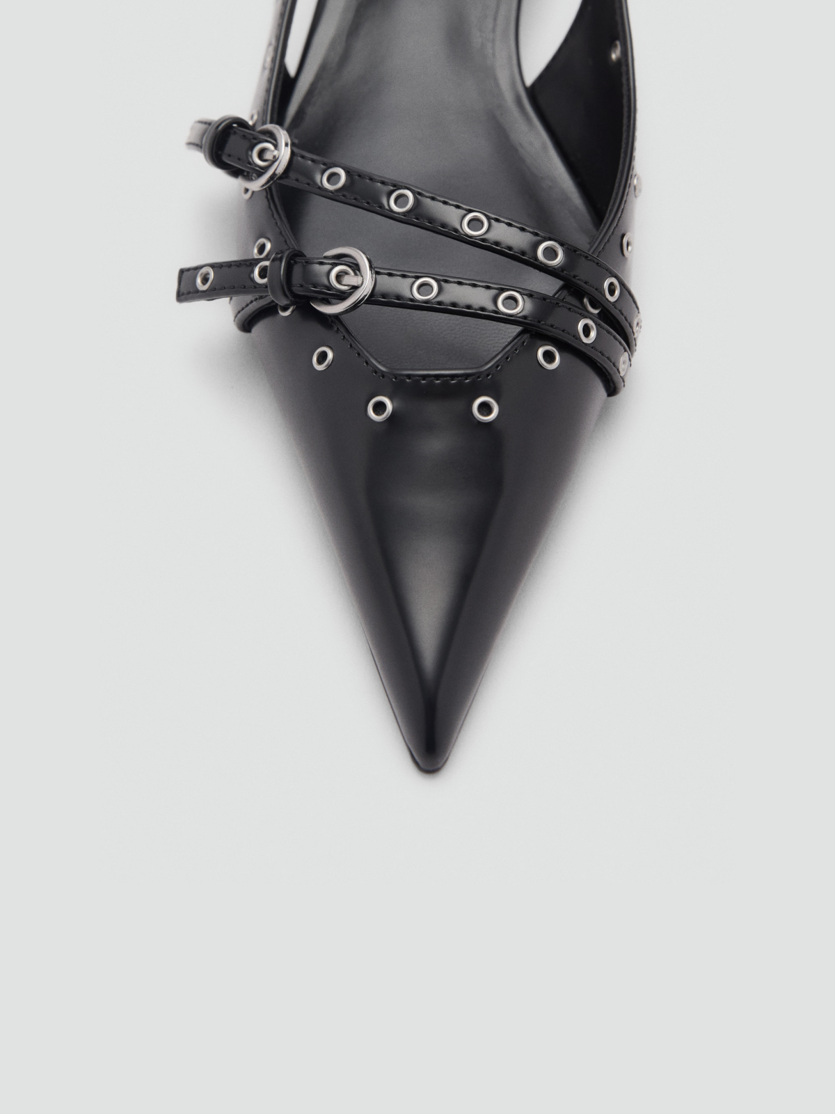 Black Pointed-Toe Laser-Cut Detail Double Front Strap Slingback Kitten Heels