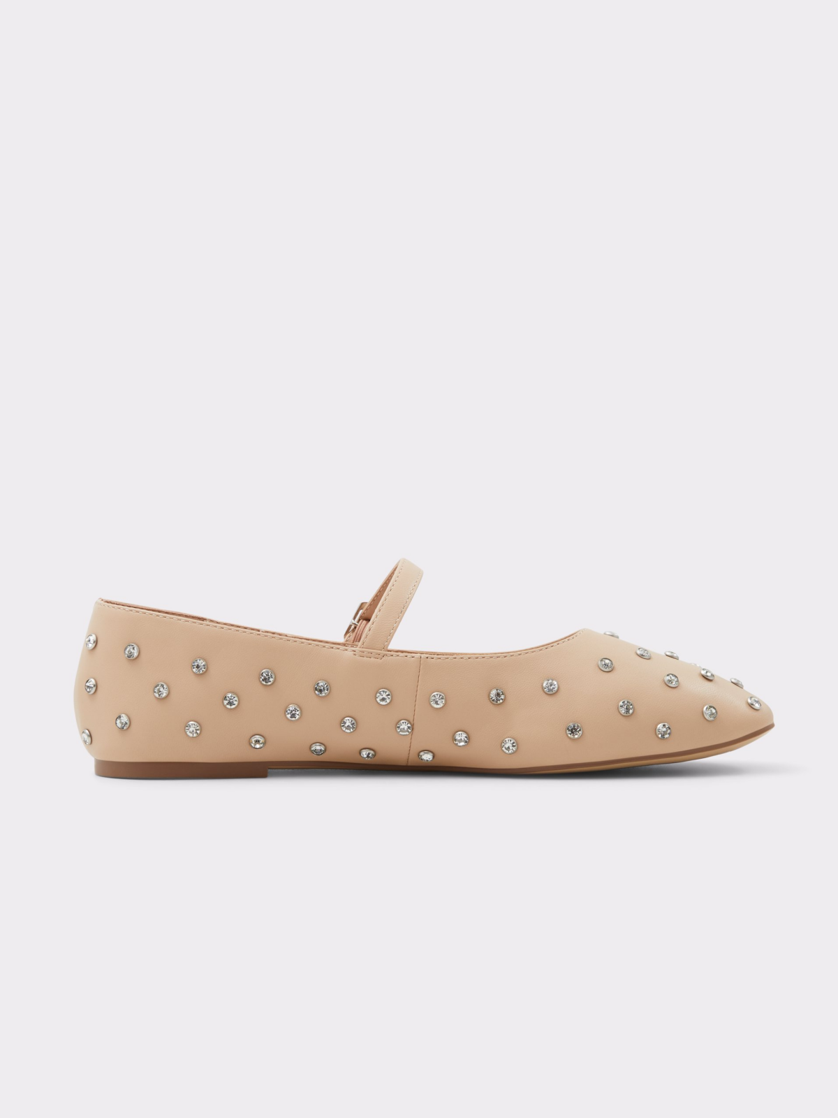 Beige Rhinestone Square-Toe Ballet Flats Buckle Detailed Mary Janes