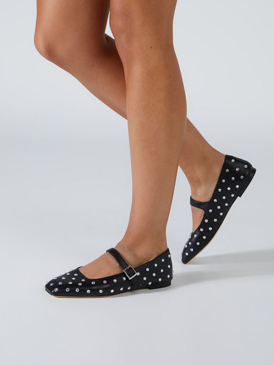 Black Sparkle Rhinestone Square-Toe Ballet Flats Mary Janes With Buckled Strap