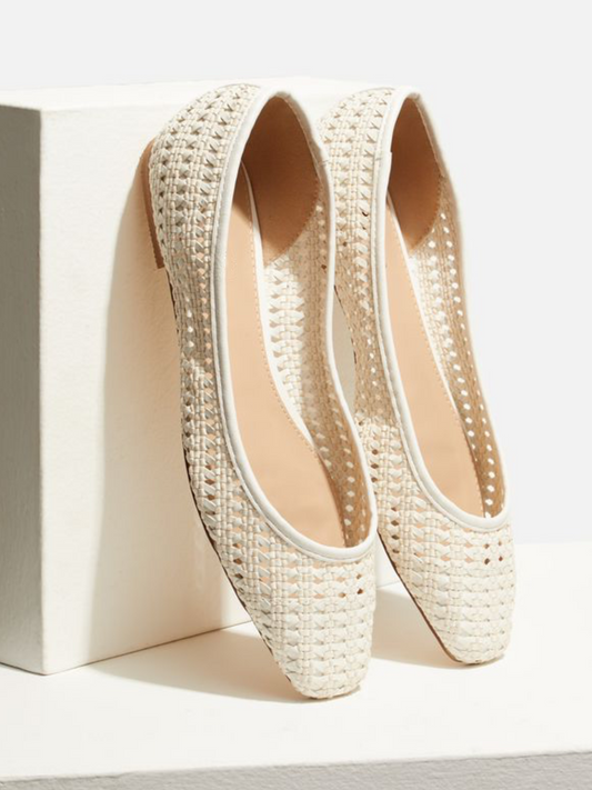 White Boho Woven Hollow-Out Flats Slip-On Ballerinas With Square Toe