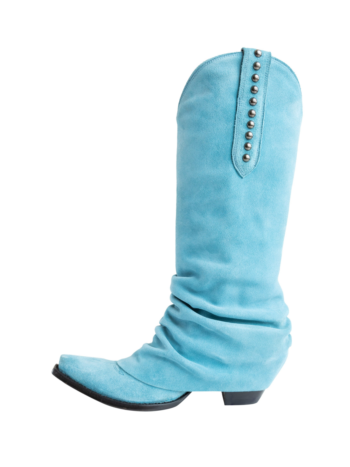 Blue Faux Suede Snip-Toe Studded Tall Wide Mid Calf Fold-Over Slouch Cowgirl Boots