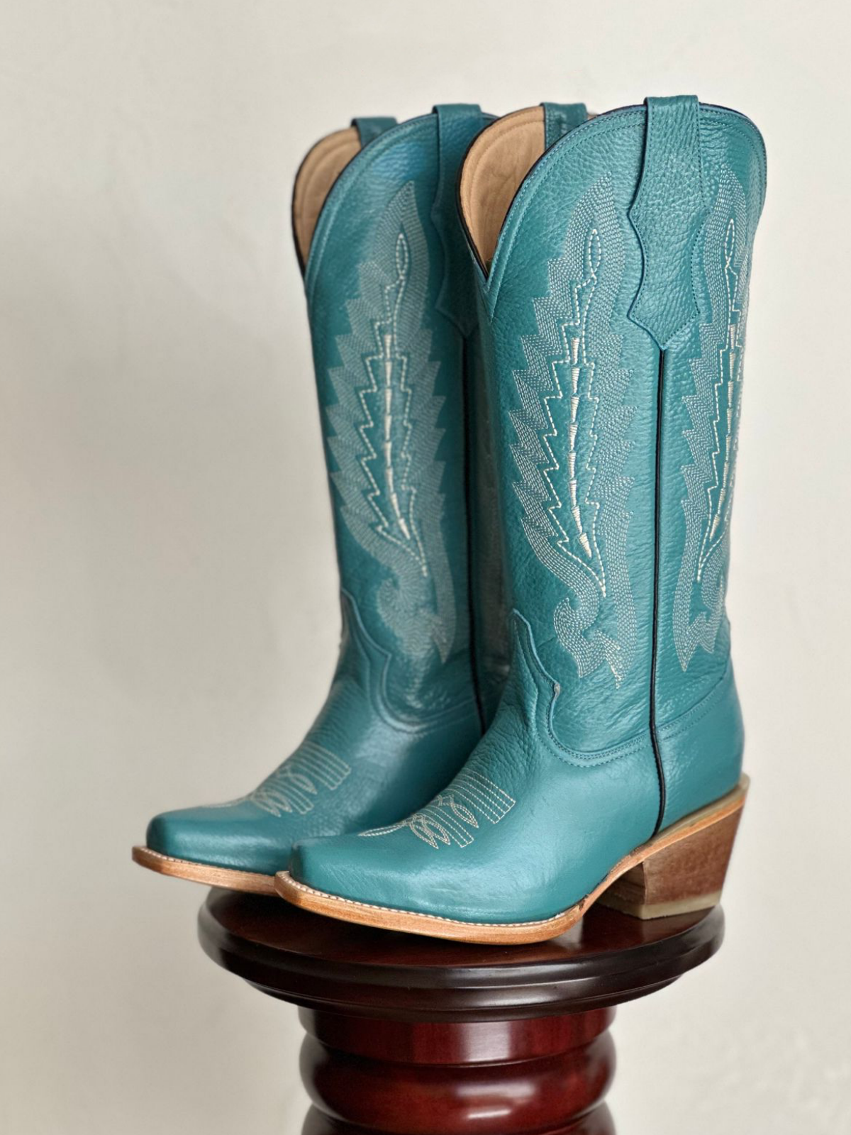 Turquoise Snip-Toe Leaf Embroidery Wide Mid Calf Tall Cowgirl Boots