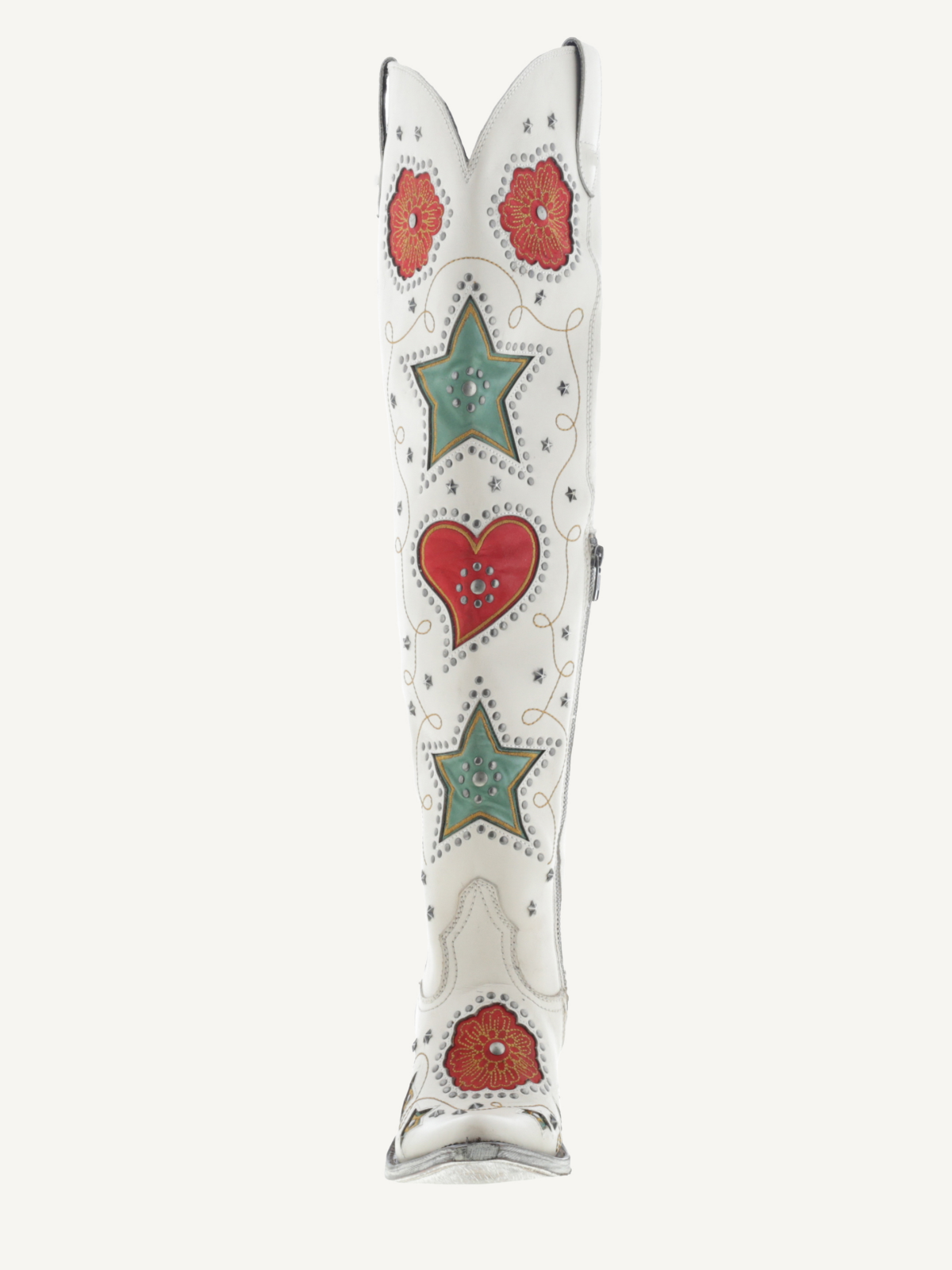 Ivory Studded Hearts Stars Flowers Inlay Metal Stars Applique Half-Zip Over-The-Knee Cowgirl Boots