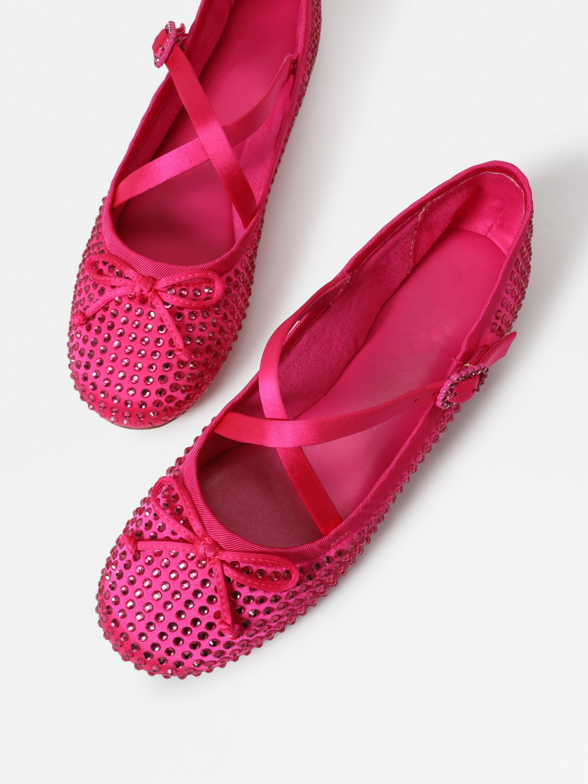 Hot Pink Sparkle Rhinestone Bow Strass Satin Ballerina Flats With Crossed Buckled Strap