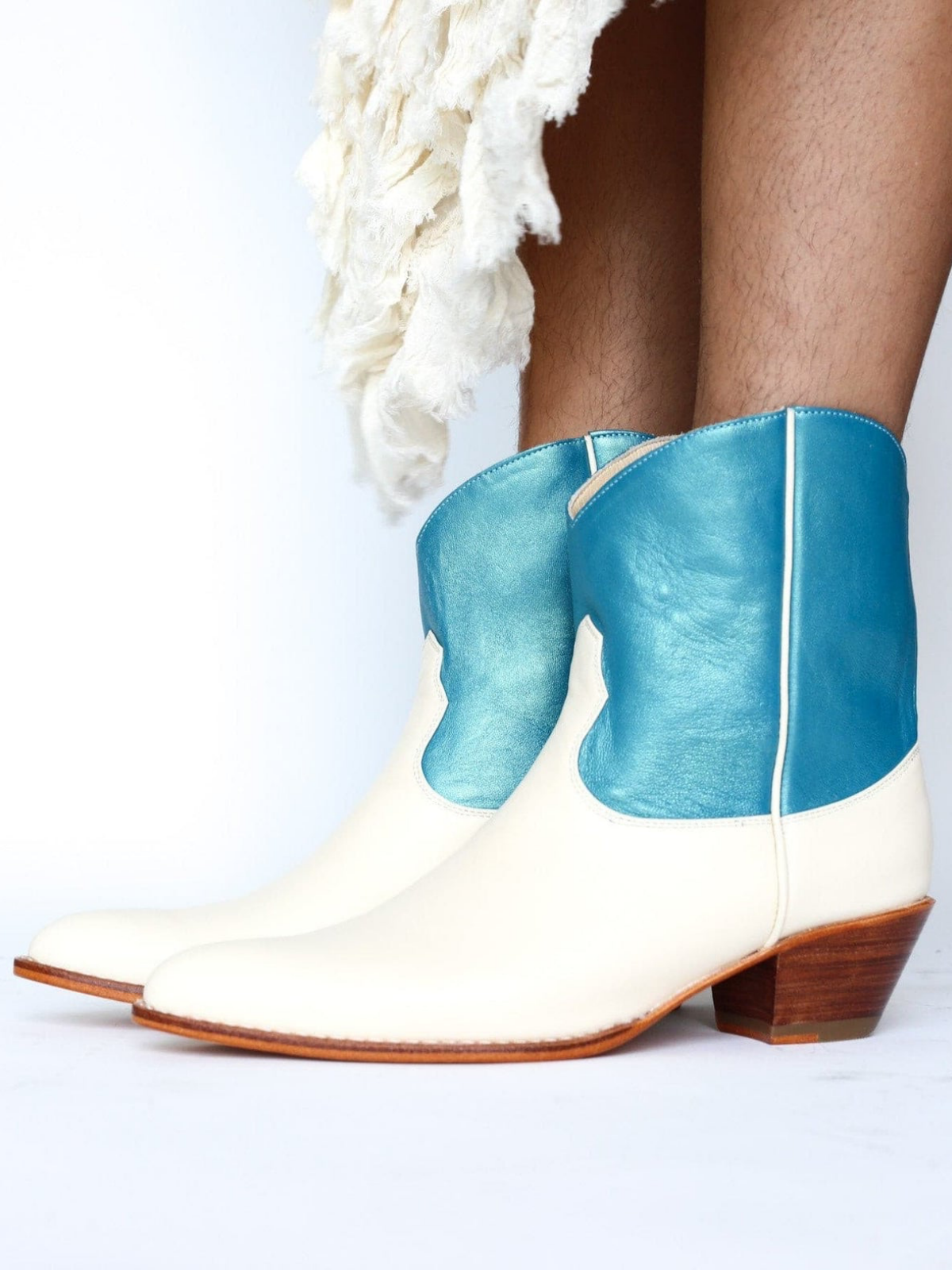 Contrast Cream And Metallic Blue Almond-Toe Back-Zip Mid Calf Cowgirl Boots