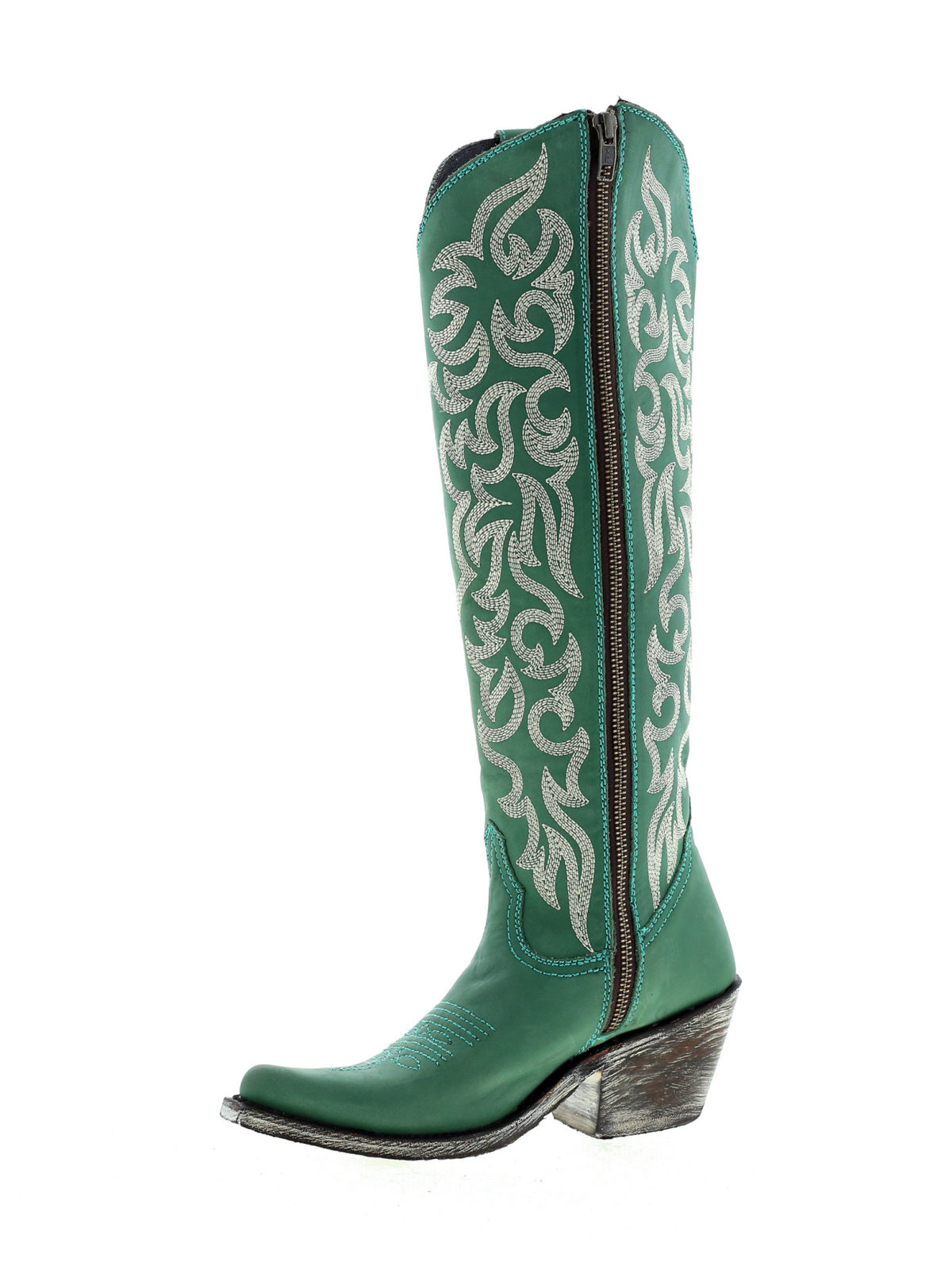 Embroidery Almond-Toe Full-Zip Knee High Tall Cowgirl Boots - Green