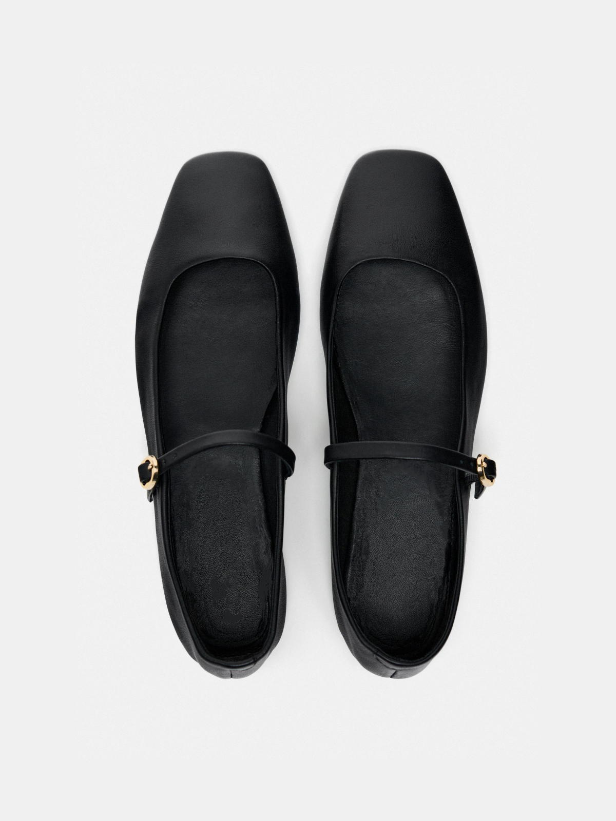 Black Vegan Leather Square-Toe Ballet Flats Mary Janes With Buckled Strap