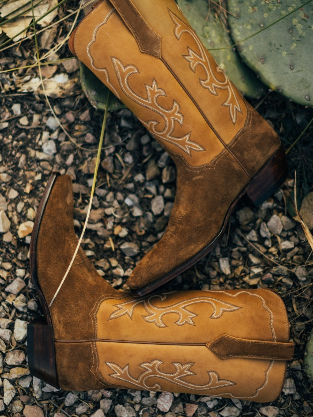 Contrast Cognac And Brown Faux Suede Snip-Toe Embroidery Wide Mid Calf Tall Cowgirl Boots