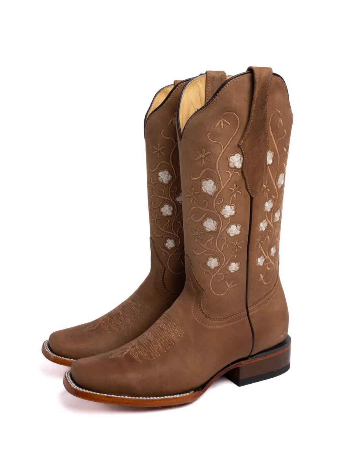 Brown Square-Toe Floral Embroidery Classic Wide Mid Calf Cowgirl Boots