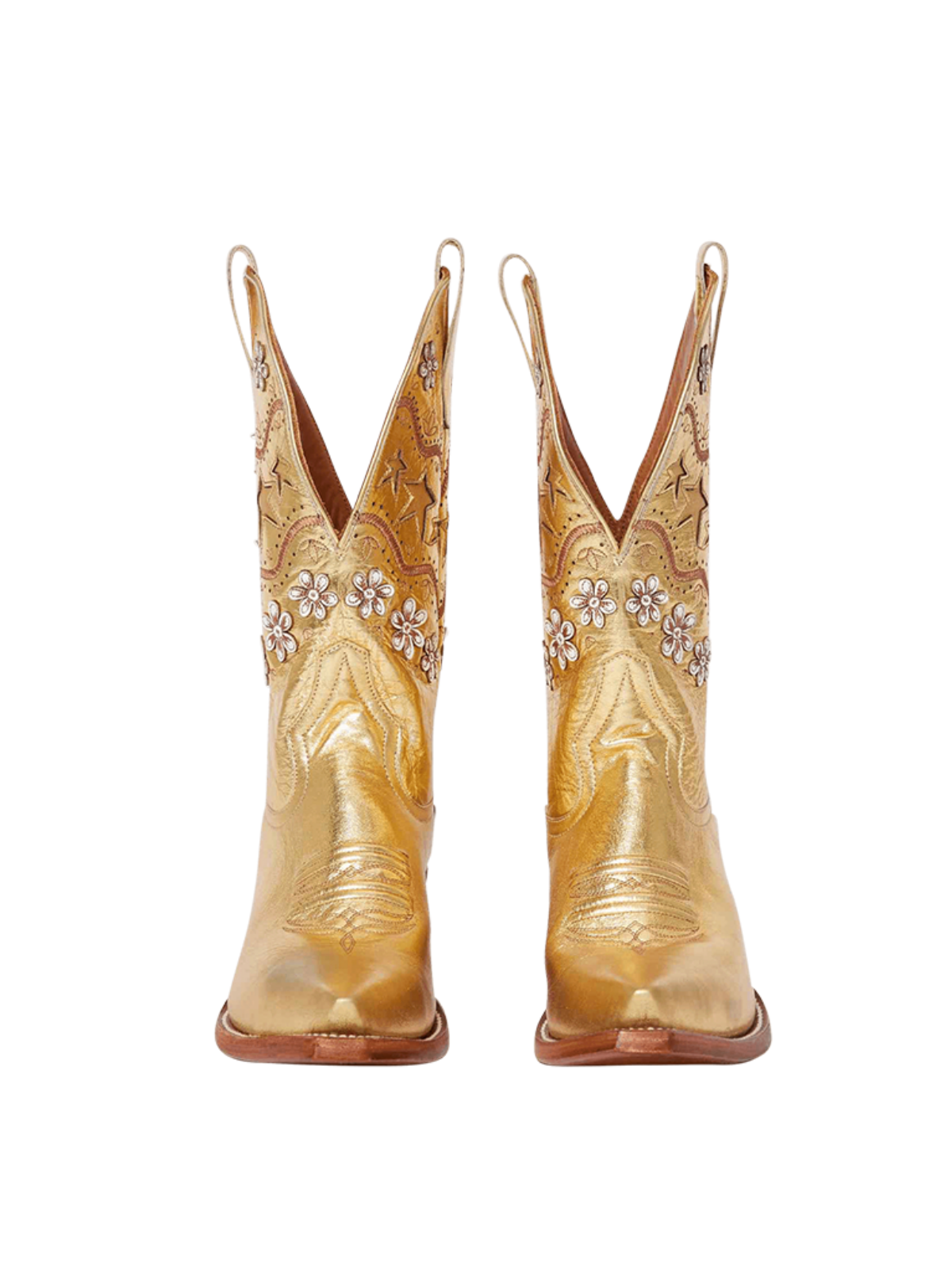 Metallic Gold Snip-Toe Stars Inlay And Flowers Applique Wide Mid Calf Cowgirl Boots