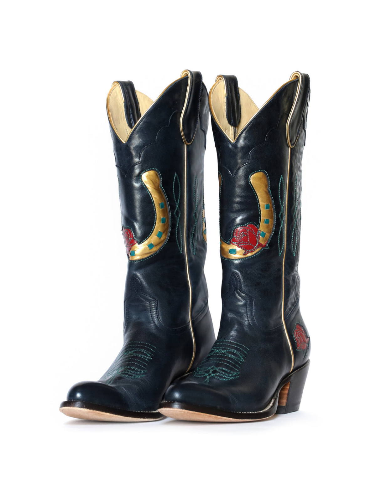 Navy Almond-Toe Rose And Metallic Gold Inlay Wide Mid Calf Cowgirl Boots With Running Stitch