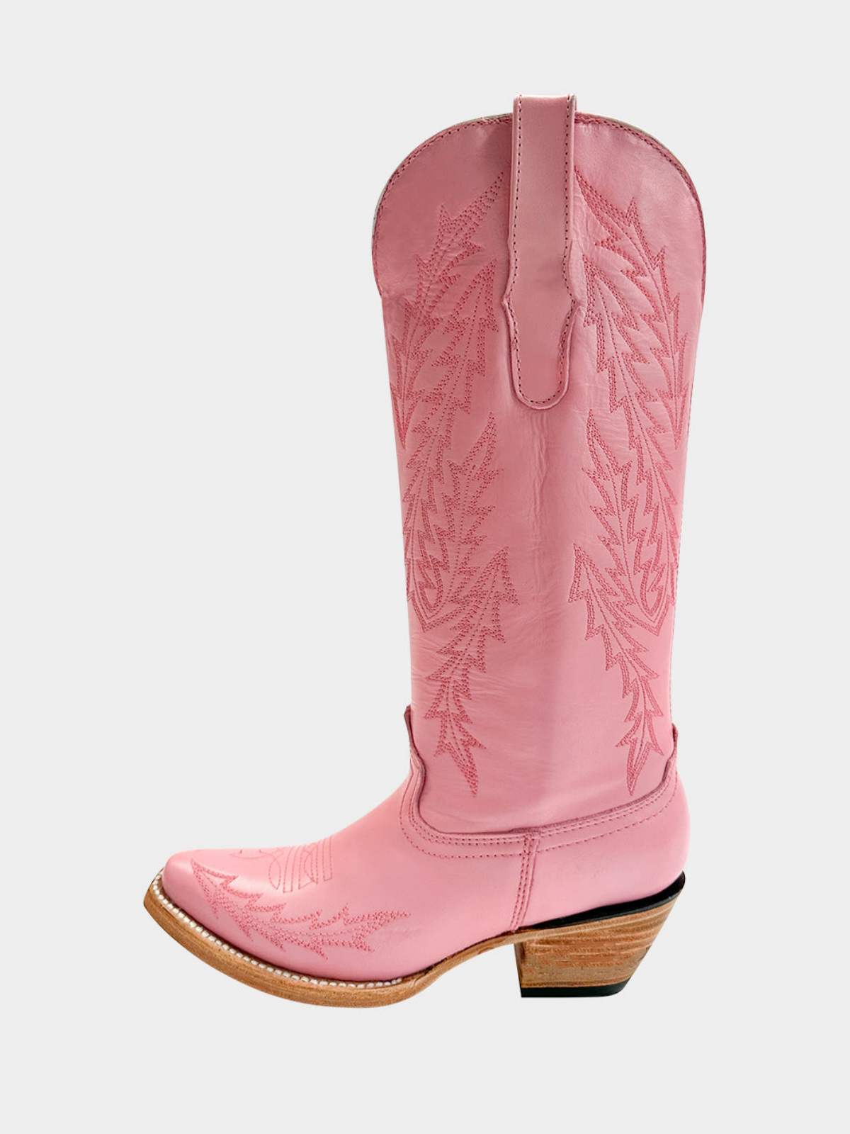 Snip-Toe Leaf Embroidery Half-Zip Mid Calf Tall Cowgirl Boots - Pink