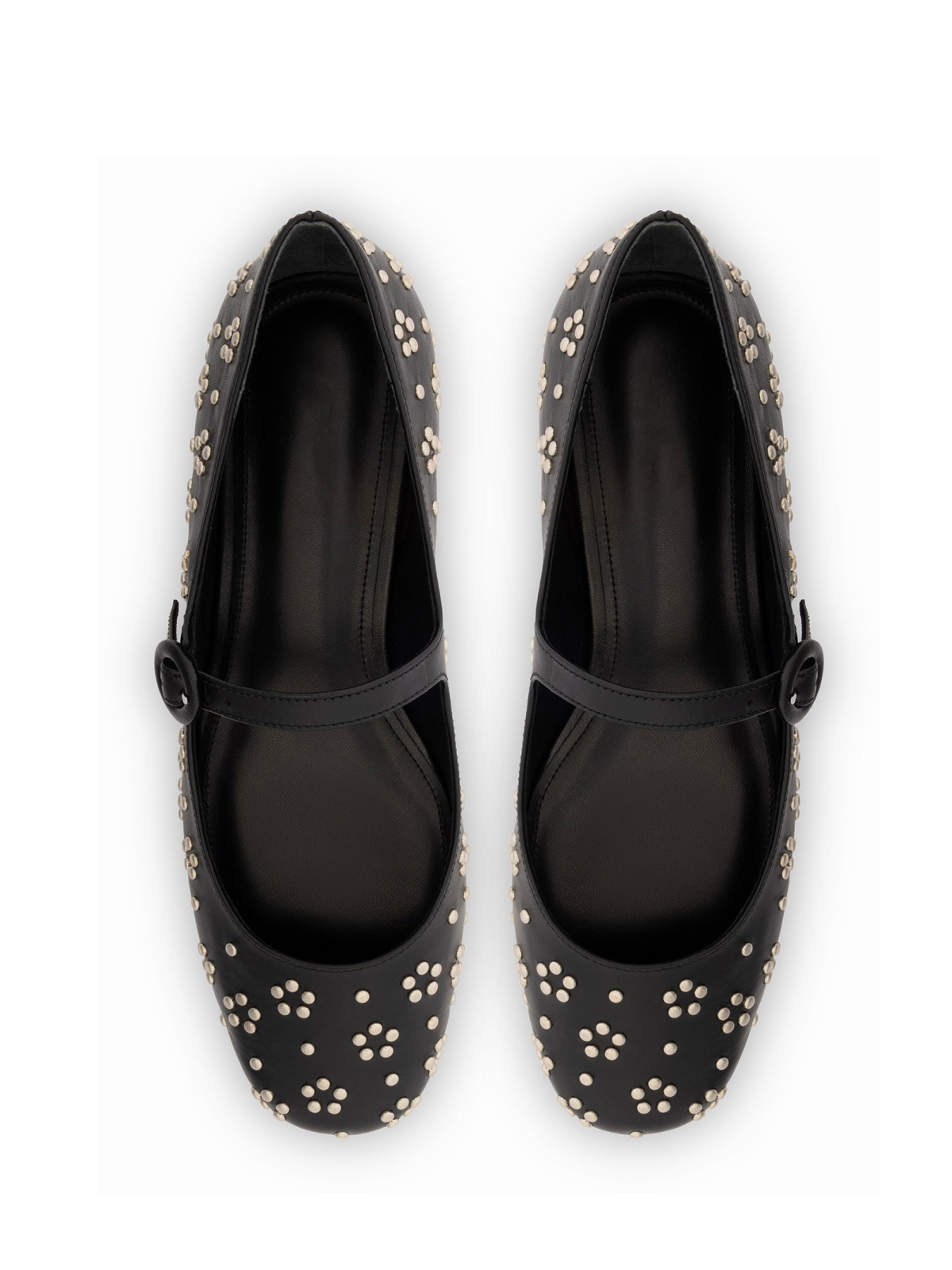 Black Vegan Leather Round-Toe Bridge Starp Ballet Flats With Studs