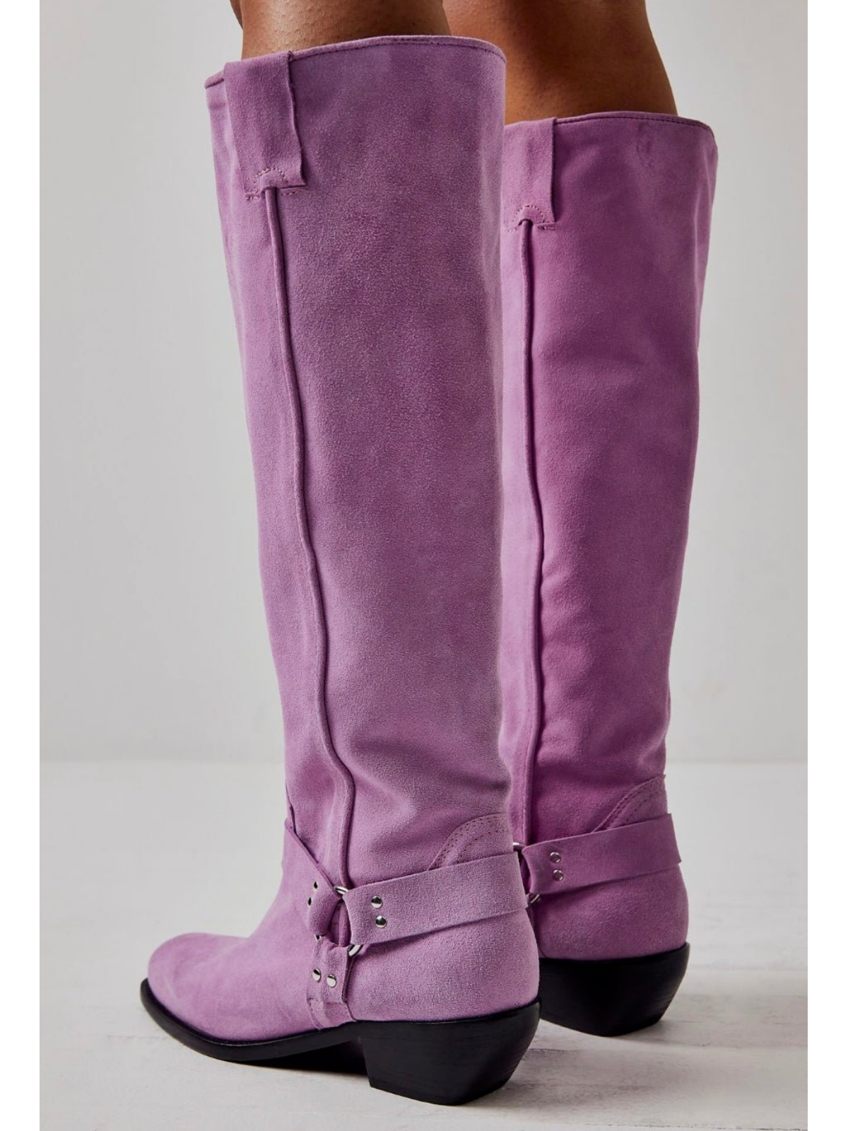 Faux Suede Square-Toe Wide Calf Tall Knee High Cowgirl Boots With Buckle - Lavender