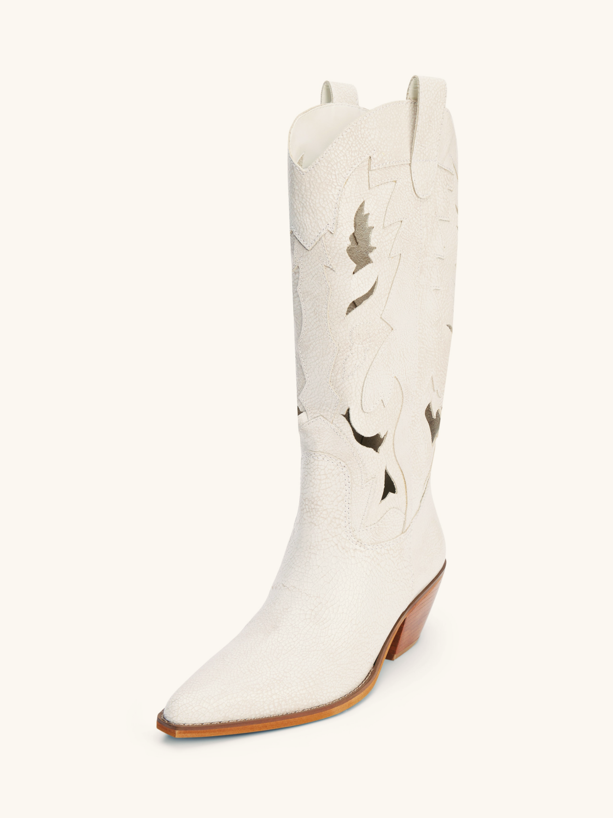 Ivory Crinkle Stitch Cutout Inlay Pointed-Toe Mid Calf Cowgirl Boots Western Tall Boots