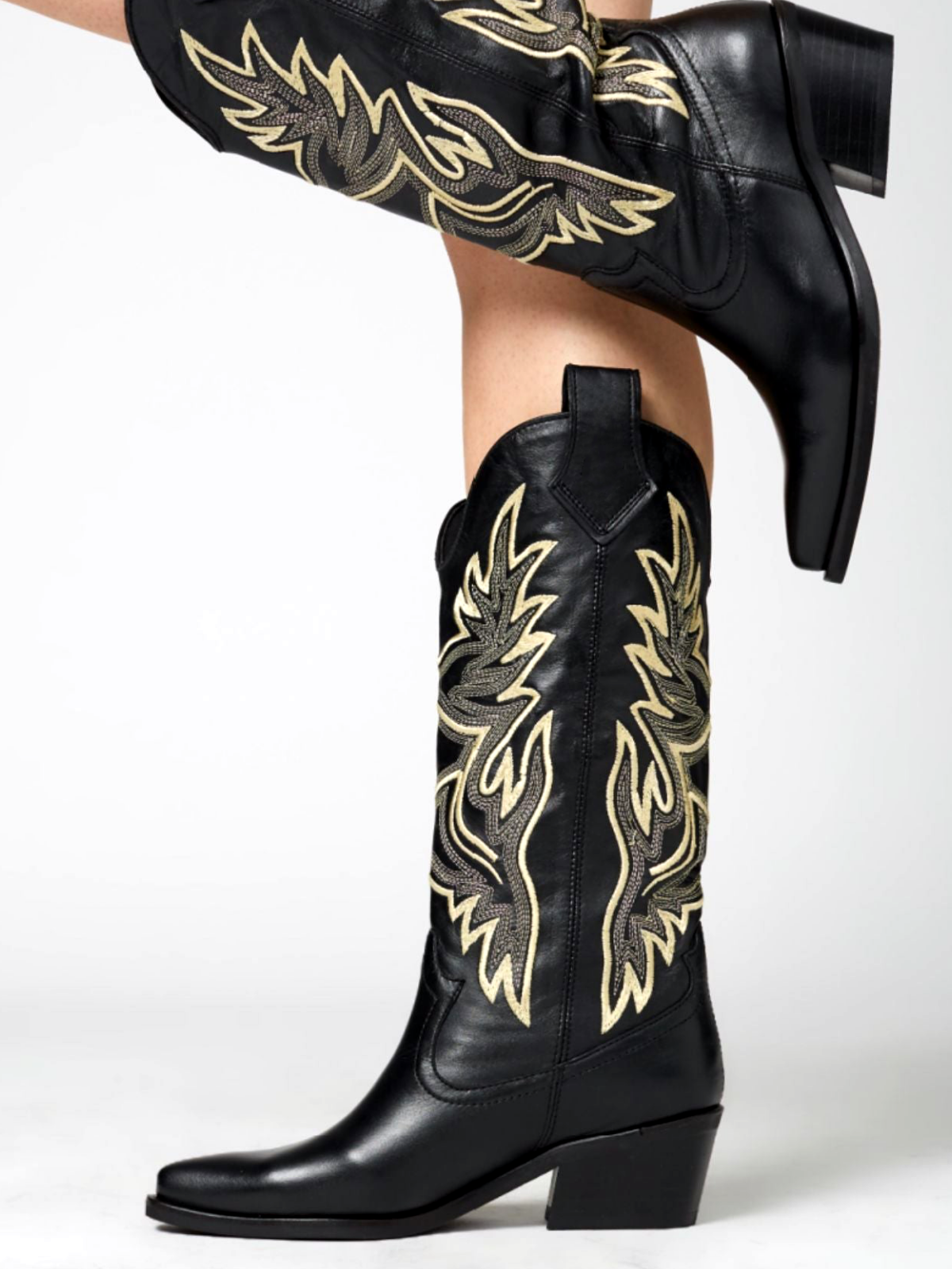 Black Vegan Leather Snip-Toe Embroidery Wide Mid Calf Tall Cowgirl Boots