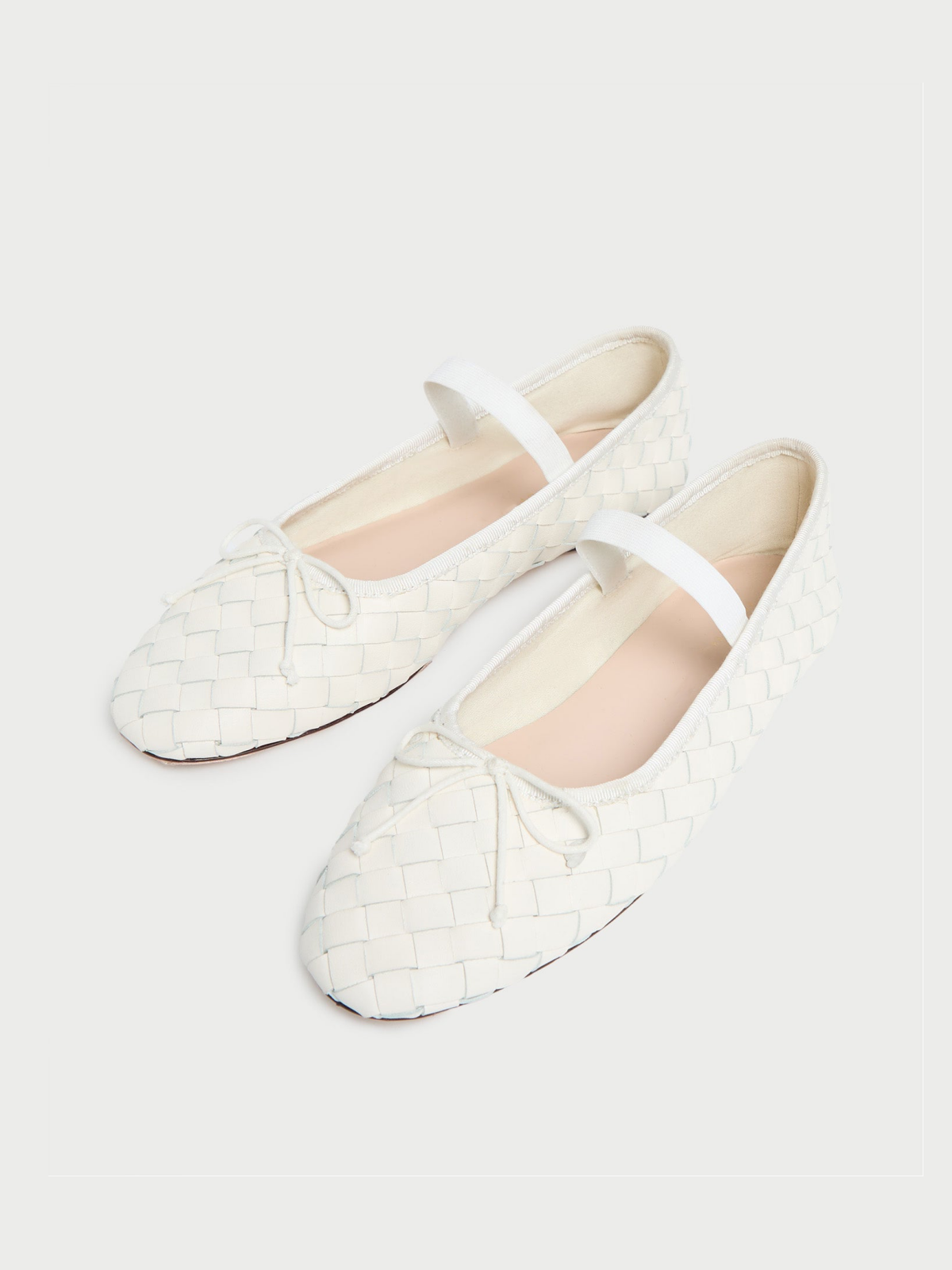 White Woven Bow Round-Toe Ballerina Flats Mary Janes With Elastic Band