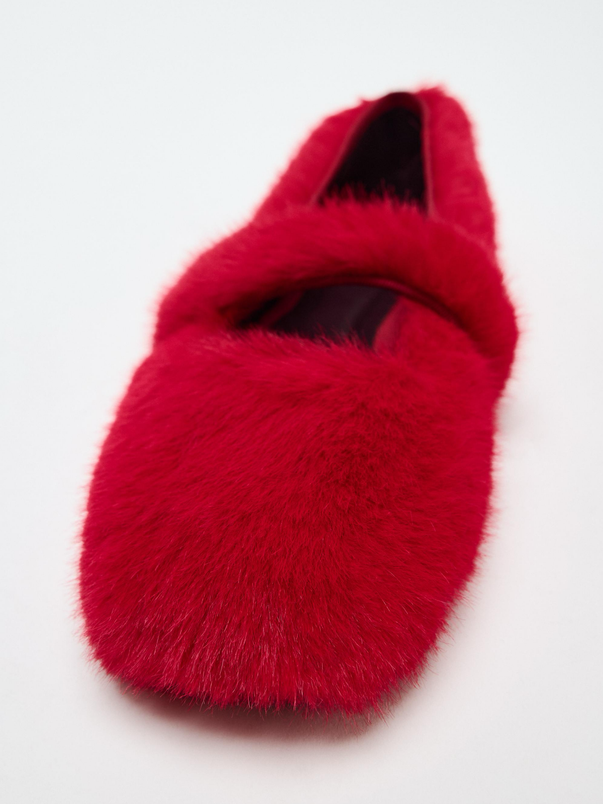 Red Faux Fur Round-Toe Front Strap Ballet Flats