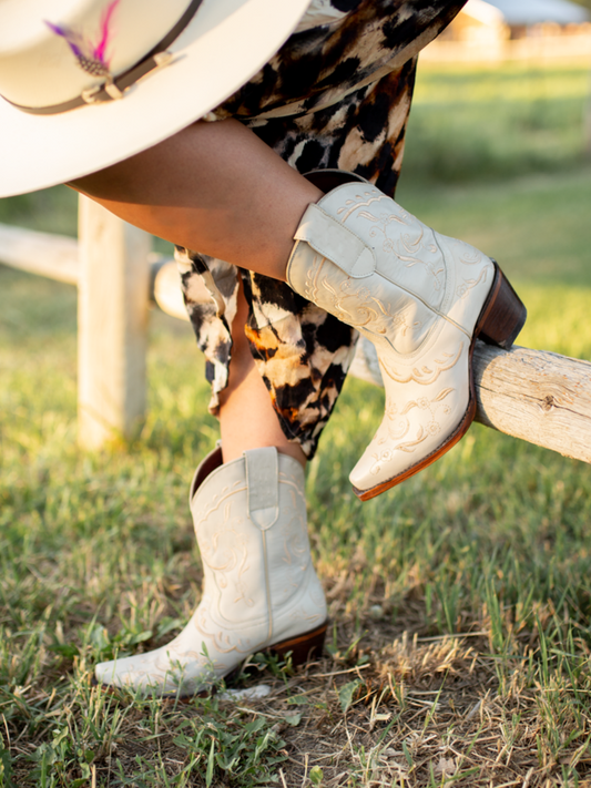 Bone Snip-Toe Floral Embroidery Wide Mid Calf Western Boots For Women