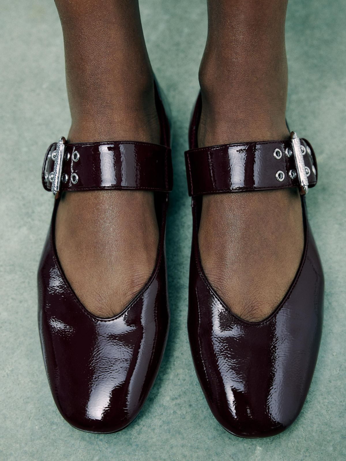 Patent Burgundy Square-Toe Wide Strap With Buckle Mary Janes Ballet Flats