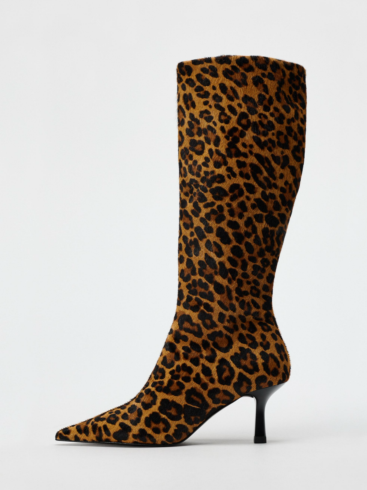 Leopard Faux Pony Hair Vegan Leather Pointed-Toe Full-Zip Mid Calf Stiletto Boots