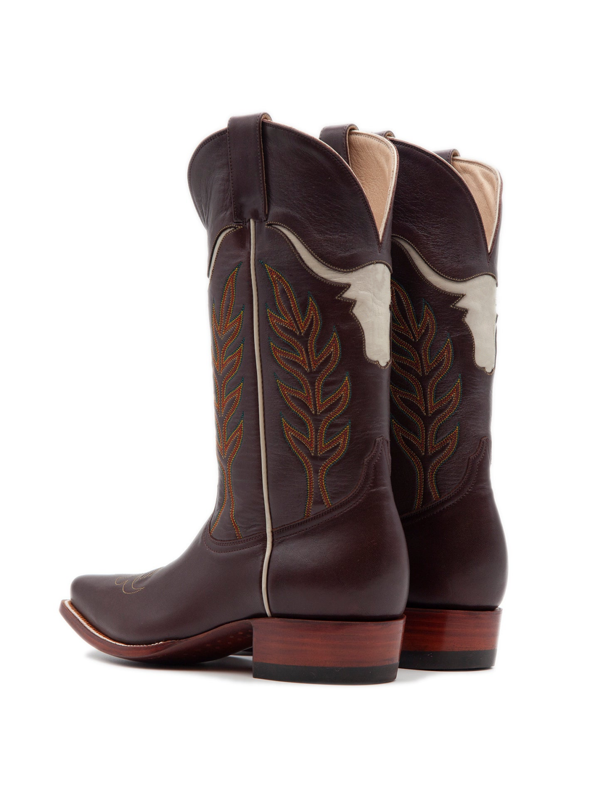 Dark Brown Embroidery Inlay Snip-Toe Wide Mid Calf Tall Cowgirl Boots