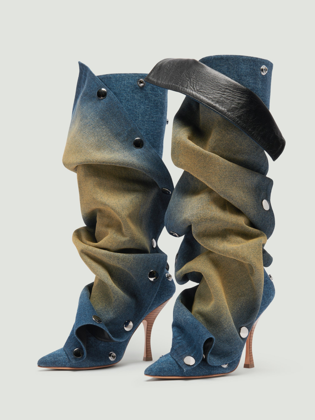 Blueyellow Denim Pointed-Toe Detachable Snap Panel Full-Zip Mid Calf Stiletto Boots