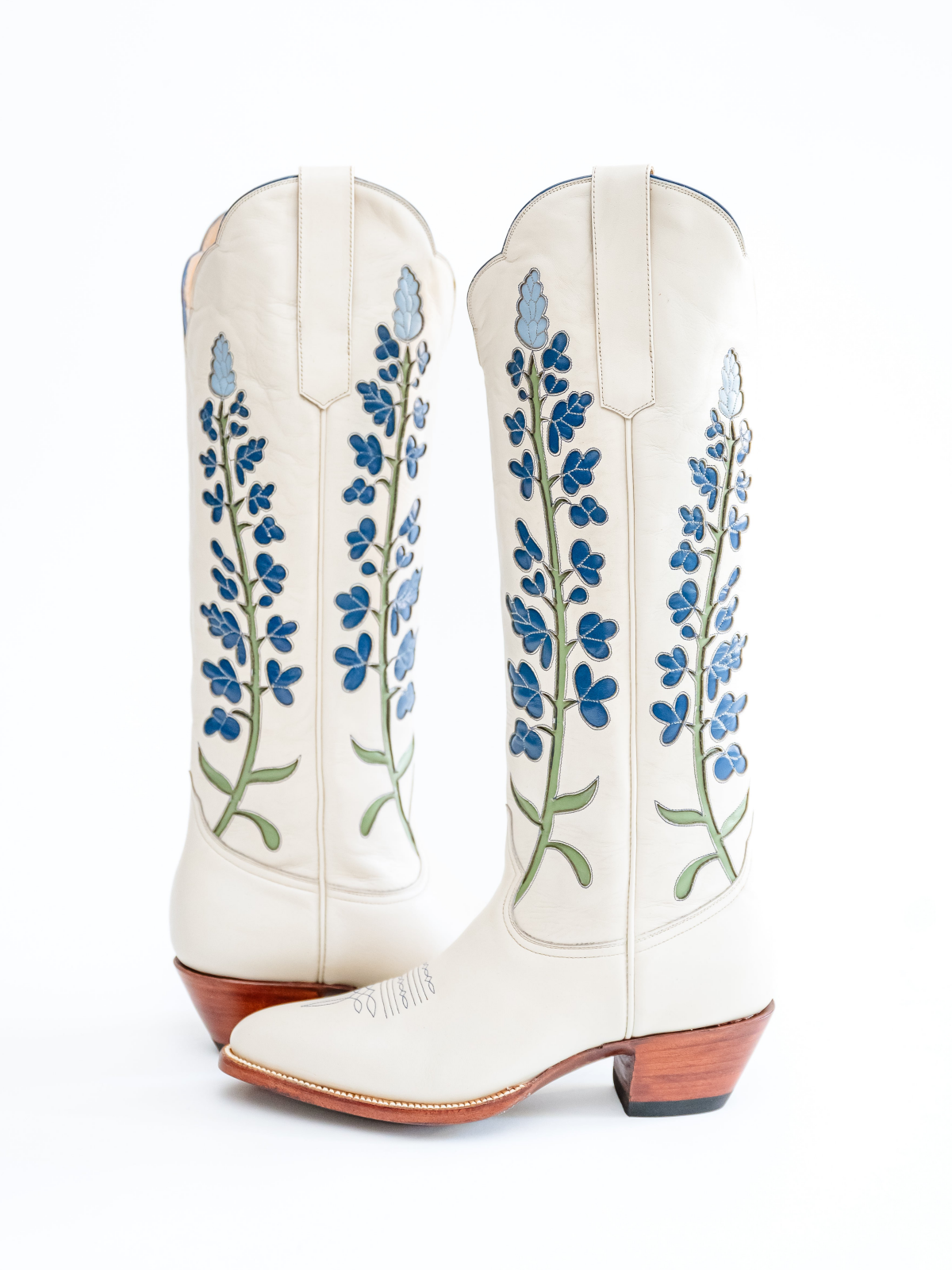 Ivory Almond-Toe Bluebonnet Inlay Wide Calf Tall Knee High Cowgirl Boots