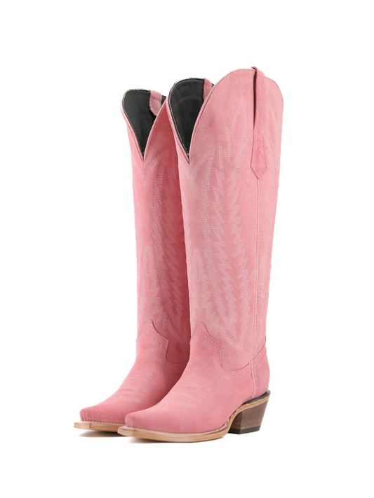 Pink Faux Suede Snip-Toe Half-Zip Embroidery Knee High Cowgirl Boots