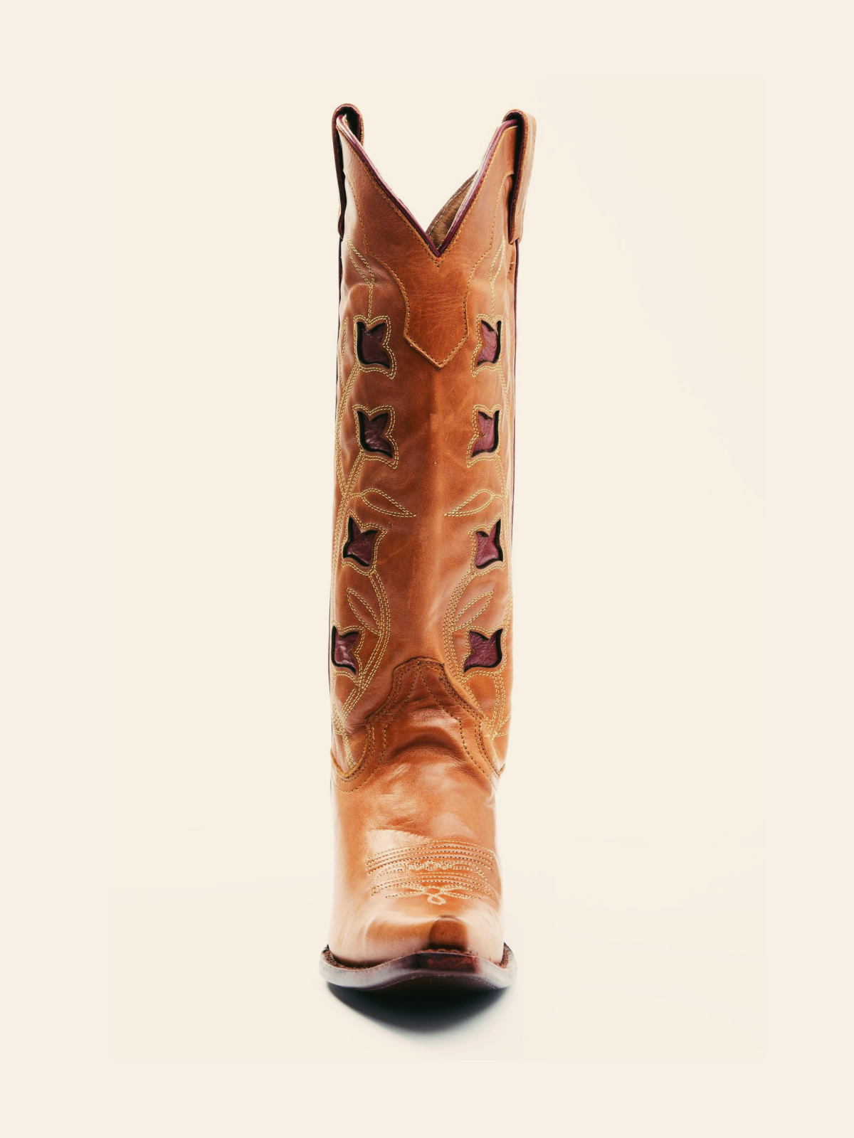 Cognac Snip-Toe Wide Mid Calf Western Cowgirl Boots With Red Flower Inlay