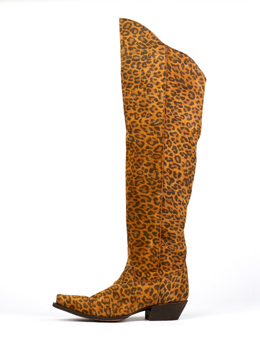 Leopard Snip-Toe Scalloped Top Half-Zip Tall Knee High Cowgirl Boots