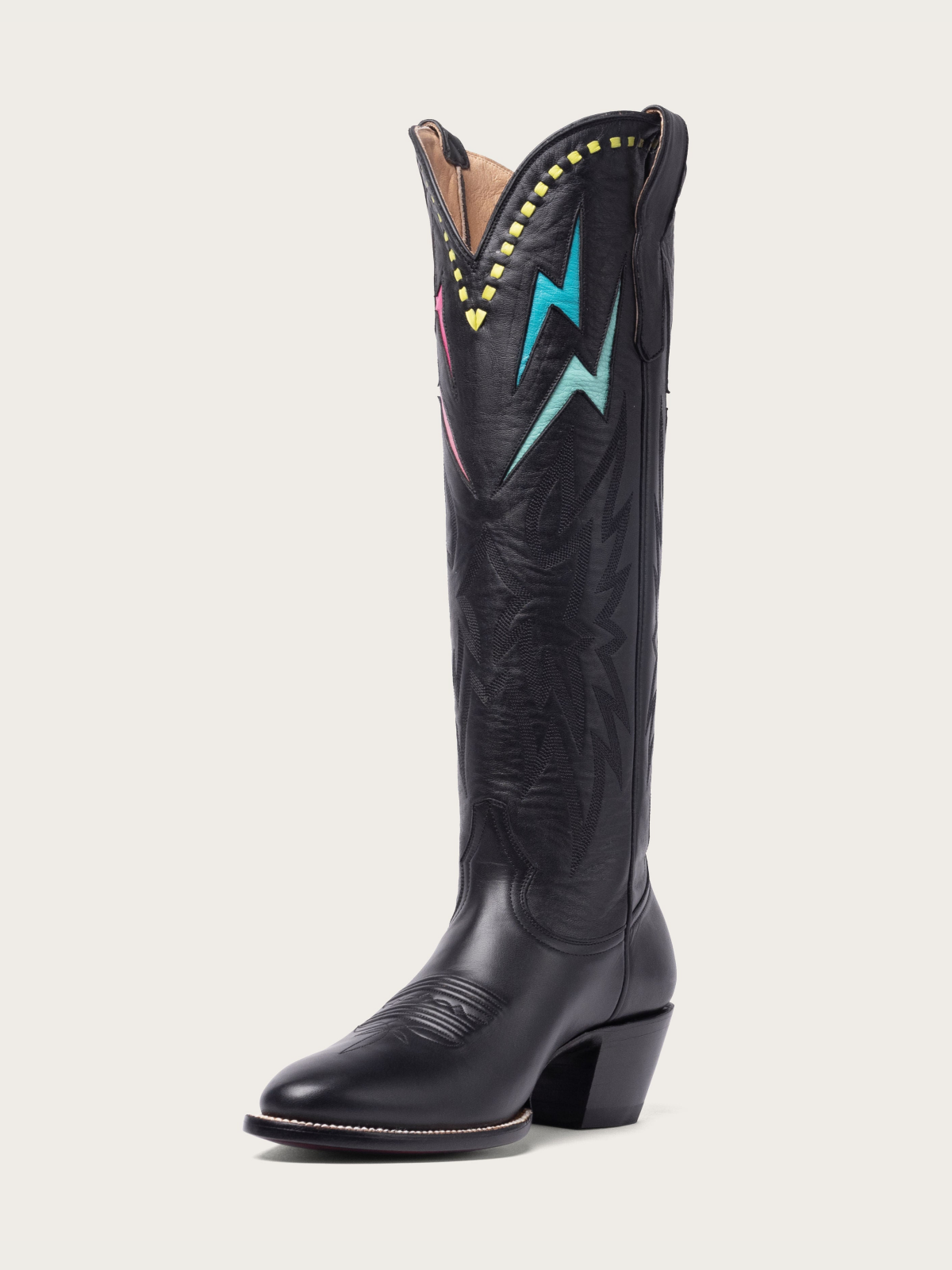 Rainbow Lightning Inlay Stitch Embroidery Almond-Toe Wide Mid Calf Cowgirl Boots - Black