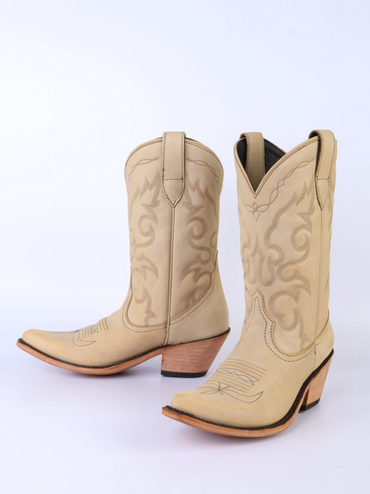 Embroidery Almond-Toe Wide Mid Calf Cowgirl Boots - Beige