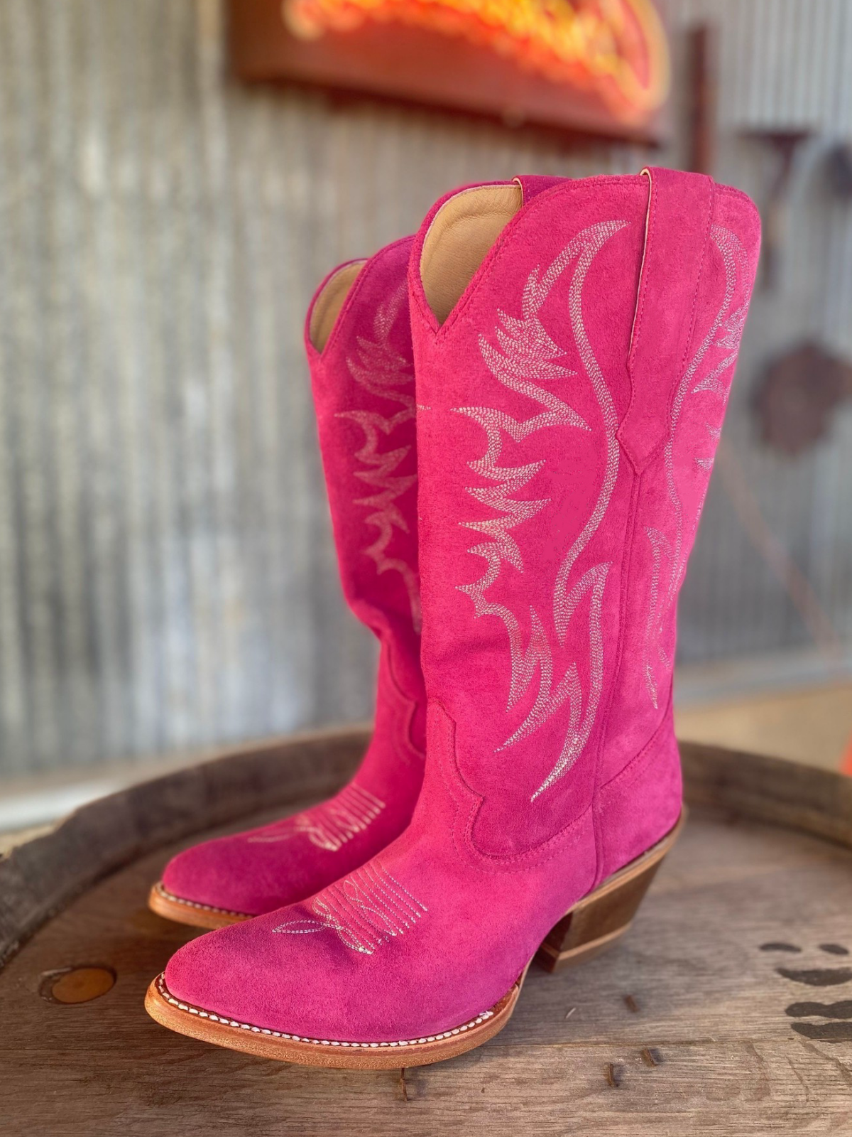 Faux Suede Wings Embroidery Pointed-Toe Wide Mid Calf Tall Cowgirl Boots - Fuchsia