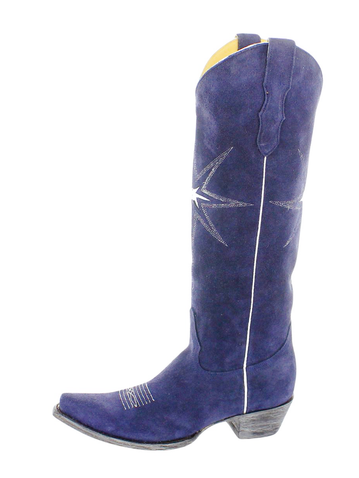 Indigo Faux Suede Snip-Toe Starburst Inlay Embroidery Half-Zip Tall Knee High Cowgirl Boots