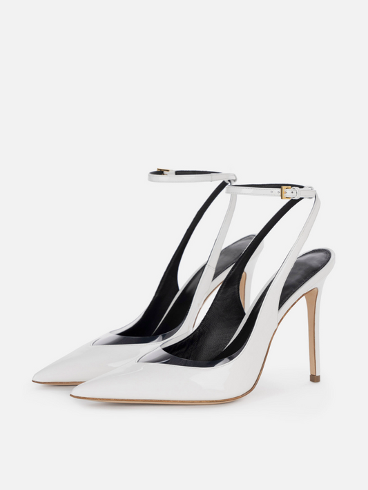 Patent White And Transparent TPU Film Pointed-Toe Slingback Ankle Strap Pump High Heels