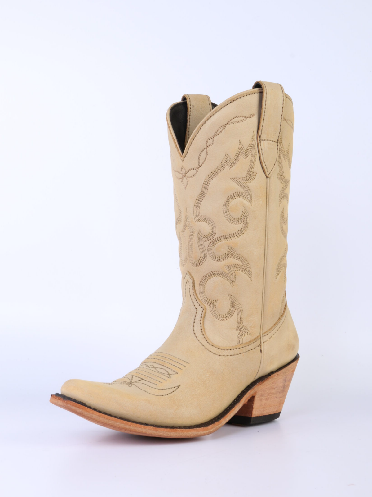 Embroidery Almond-Toe Wide Mid Calf Cowgirl Boots - Beige