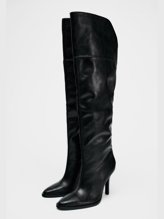 Black Pointed-Toe Wide Calf Over-The-Knee Stiletto Boots
