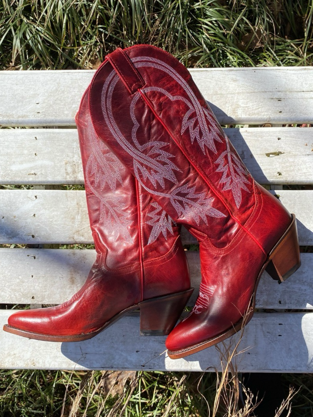 Red Almond-Toe Fallen Leaves Embroidery Wide Mid Calf Tall Cowgirl Boots