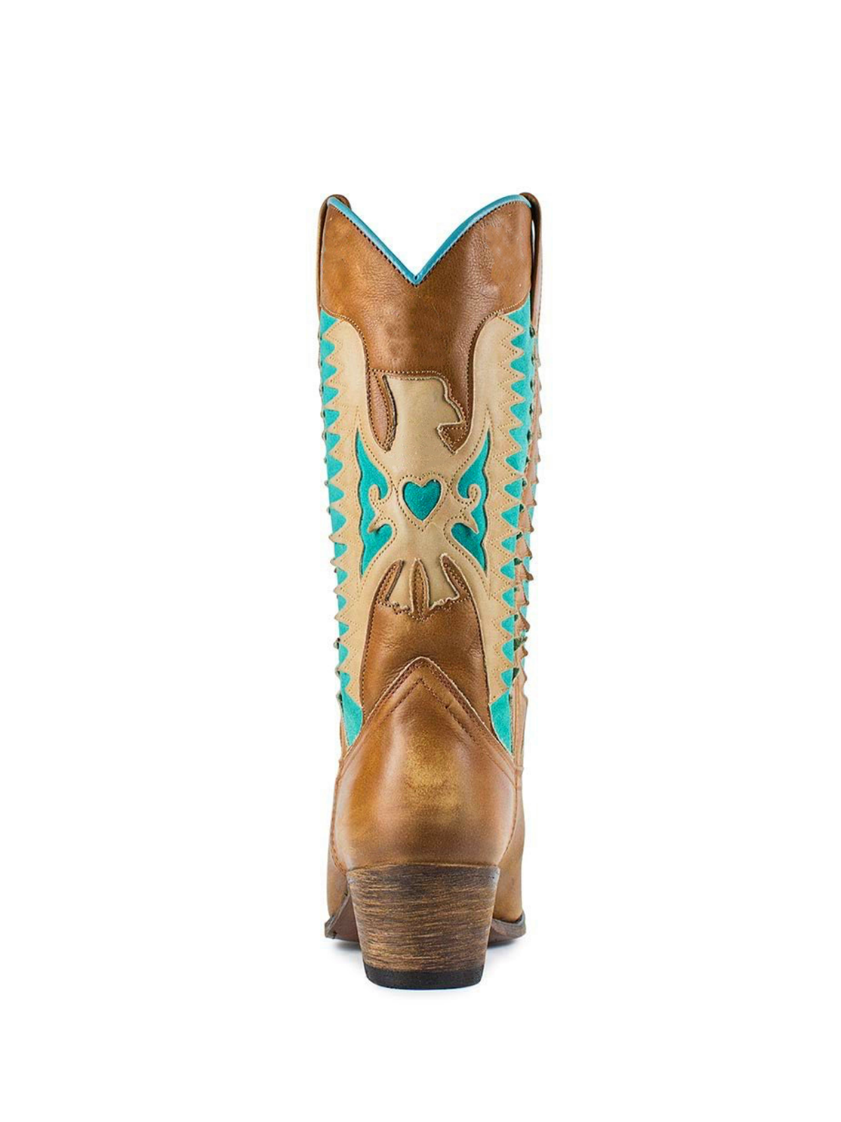 Brown Almond-Toe Wide Mid Calf Cowgirl Boots With Thunderbird Heart Inlay