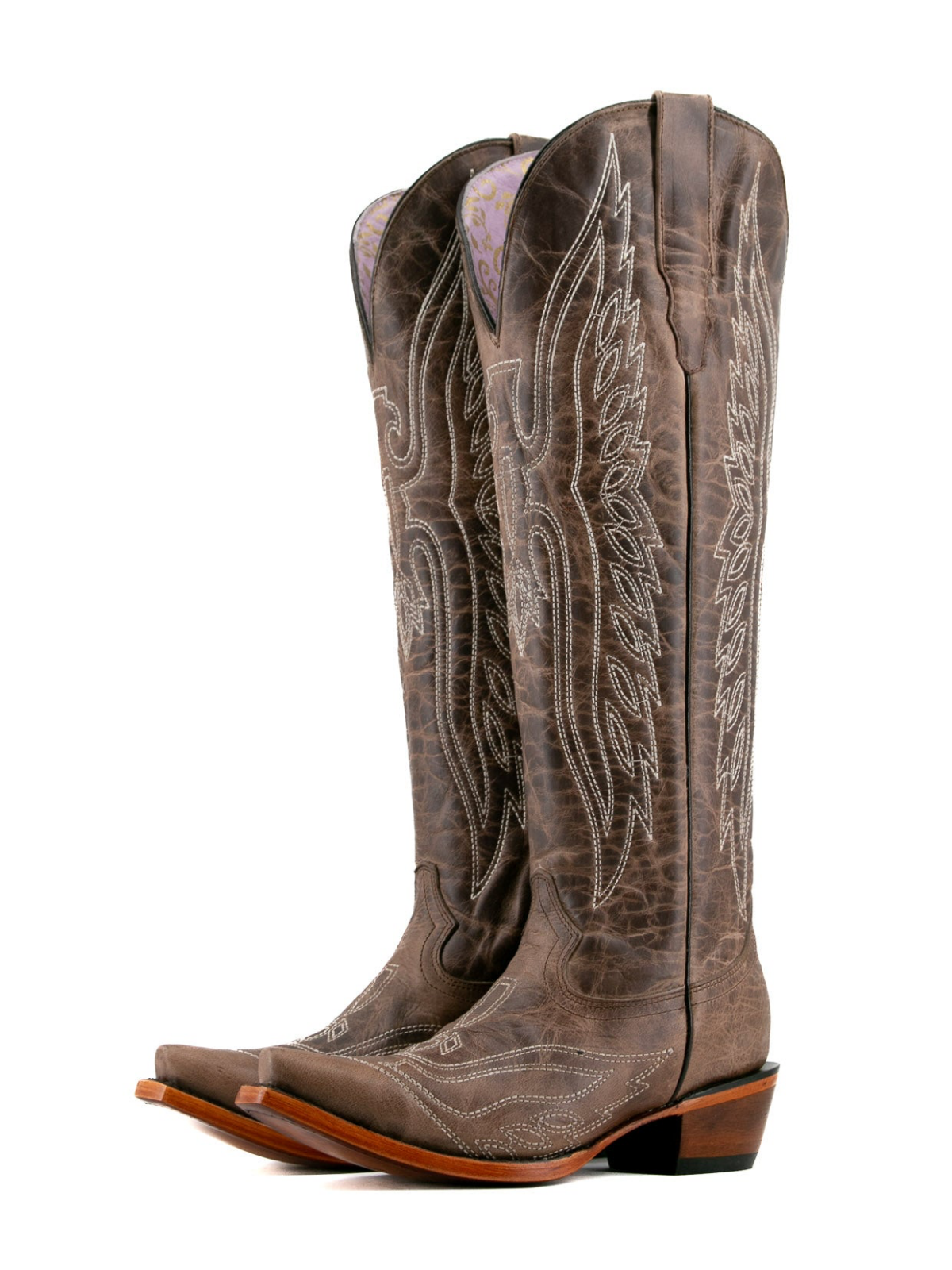 Distressed Tabaco Snip-Toe Eagle Embroidery Half-Zip Knee High Cowgirl Boots